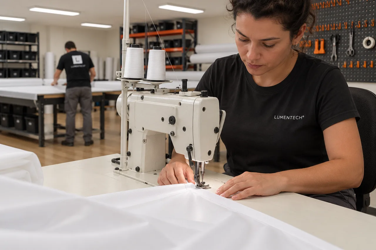 Cena ilustrativa gerada por IA e inspirada nos ambientes da empresa: uma profissional com camiseta preta Lumentech guia uma membrana branca na máquina de costura, com atenção ao acabamento.