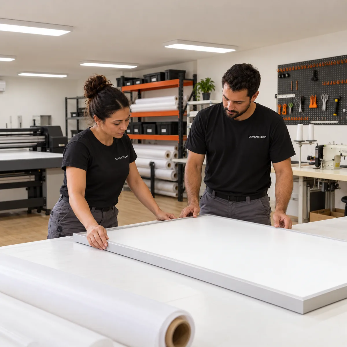 Cena ilustrativa gerada por IA e inspirada nos ambientes da empresa: duas pessoas com camiseta preta Lumentech e calça cargo cinza conferem uma superfície difusora na bancada branca, com materiais organizados ao fundo.